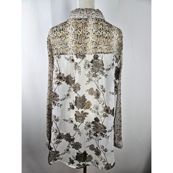 Figueroa & Flower Size XL Button Snakeskin Floral Tan Semi Sheer Blouse Western - Picture 2 of 8